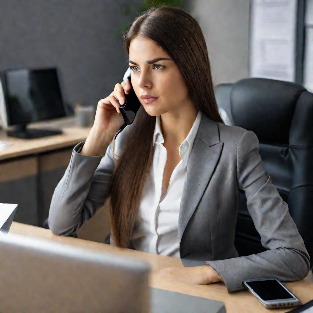 Портрет молодой женщины в офисе, разговаривающей по телефону.