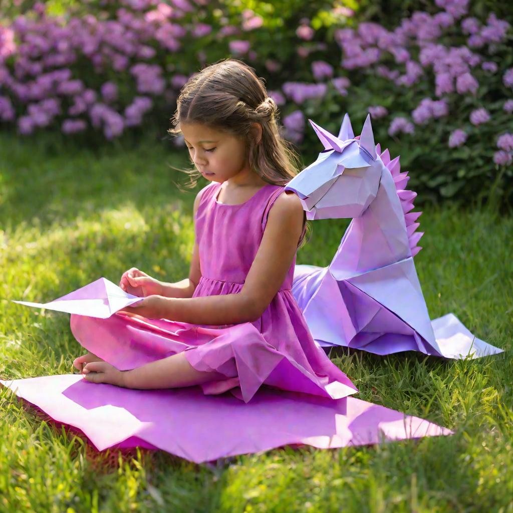 Девочка складывает оригами лошадей на лугу