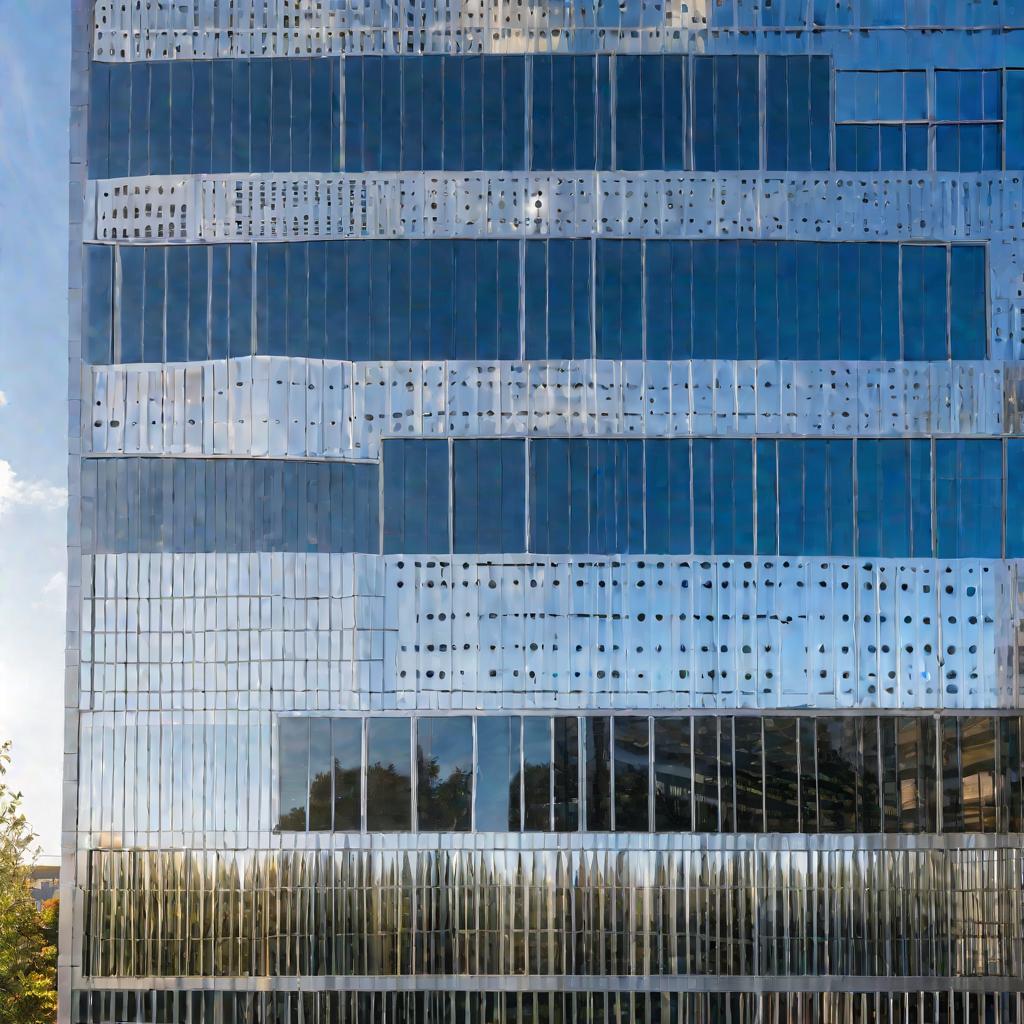 Панорамный вид офисного здания с фасадом из перфорированных алюминиевых панелей на солнце