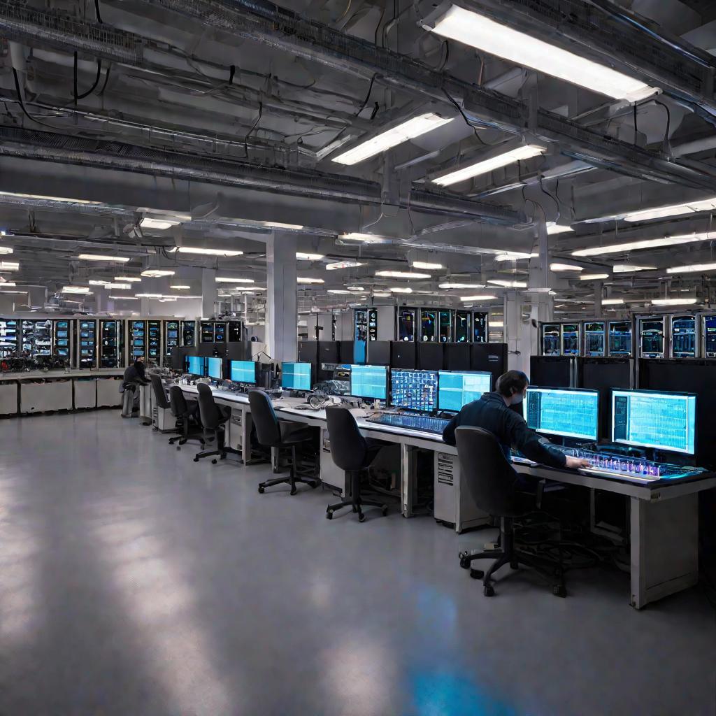 Вид на интерьер лаборатории электроники, мягко освещенной неоновым светом. На центральном столе комплексная автоматизированная система проверяет транзисторы, на мониторах в фоне бежит код. На полках вдоль стен аккуратные ряды коробок с деталями и контроль