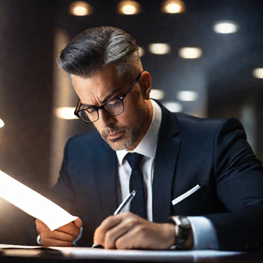 Портрет серьезного бизнесмена в костюме, подписывающего документы.