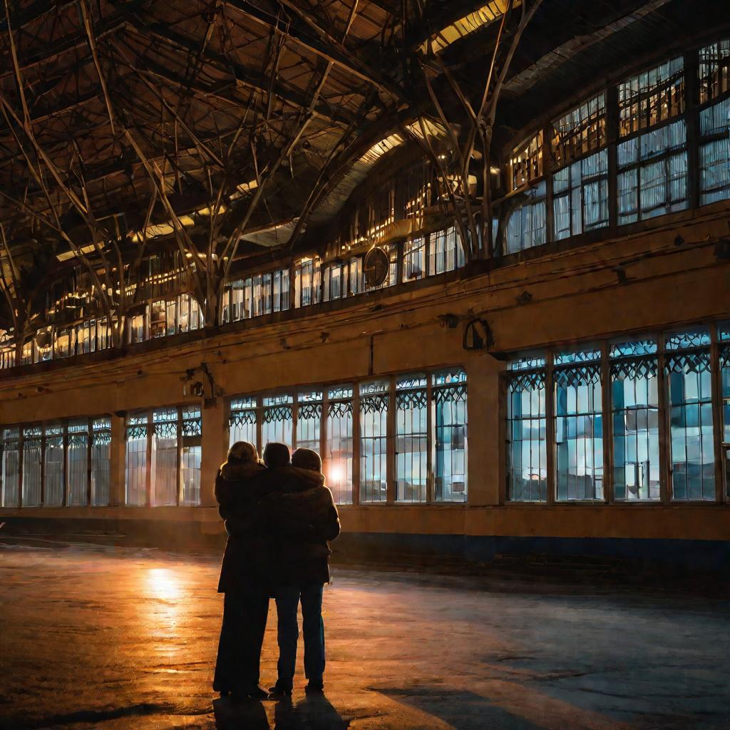 Семья встречается внутри освещенного ночью вокзала