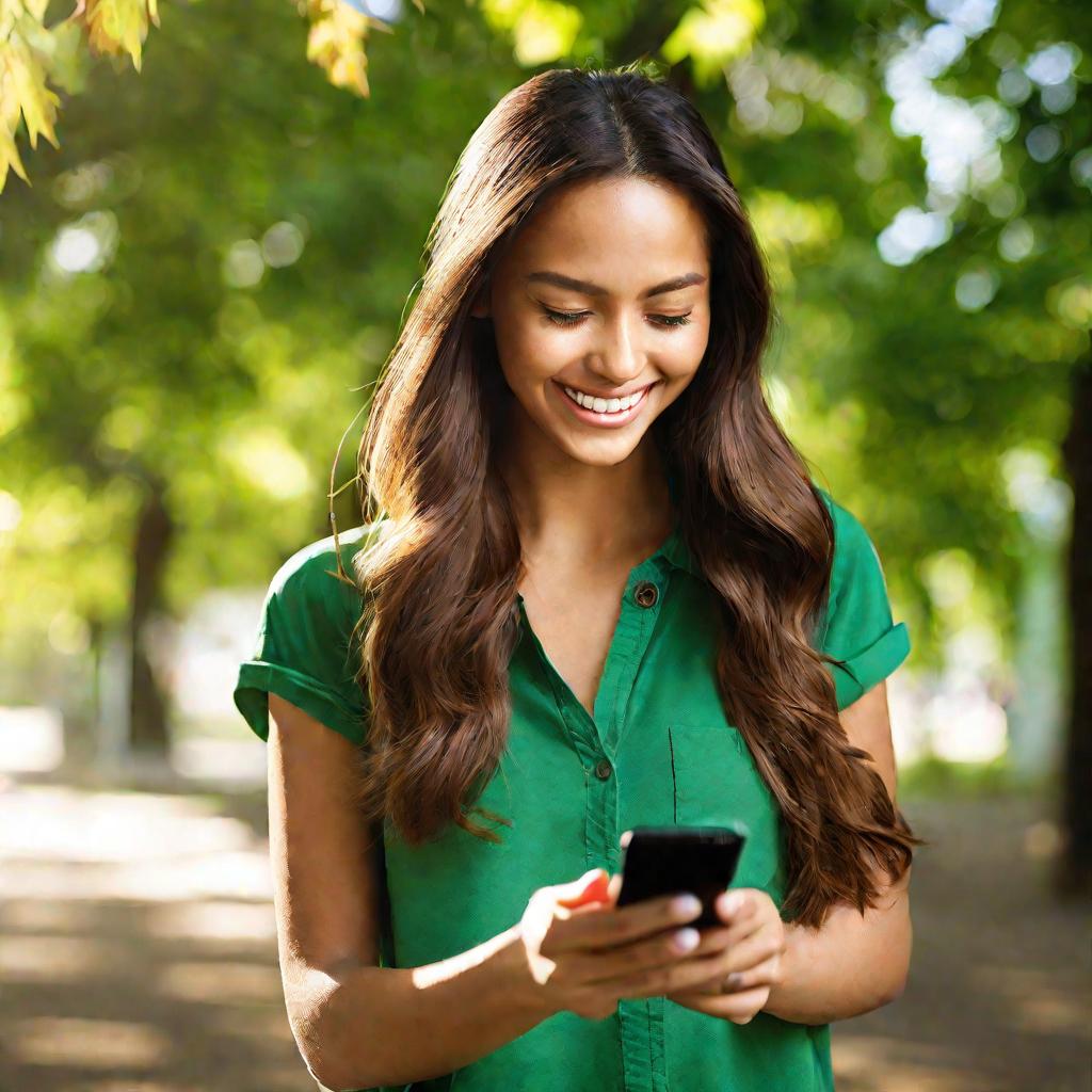 Портрет молодой женщины, радостно смотрящей в экран смартфона на улице