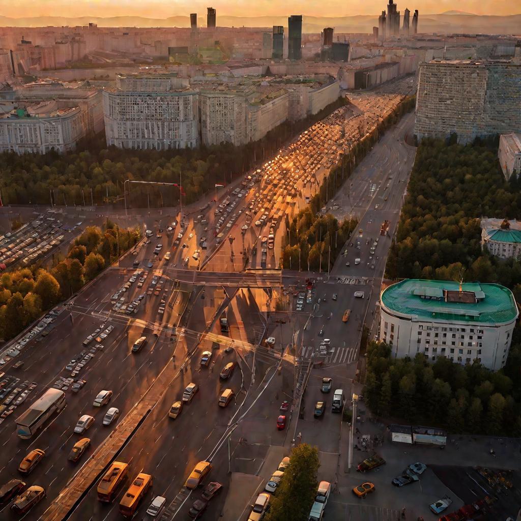 Вид перекрестка в Москве на закате, виден красный логотип МТС