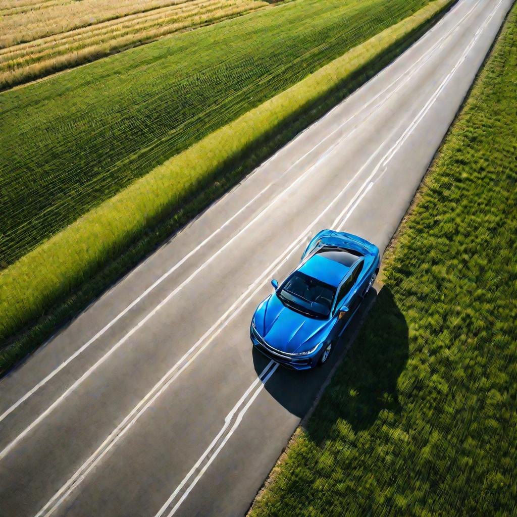 Вид сверху на голубой автомобиль Vortex Estina, едущий по пустому шоссе среди зеленых холмов в солнечный день.