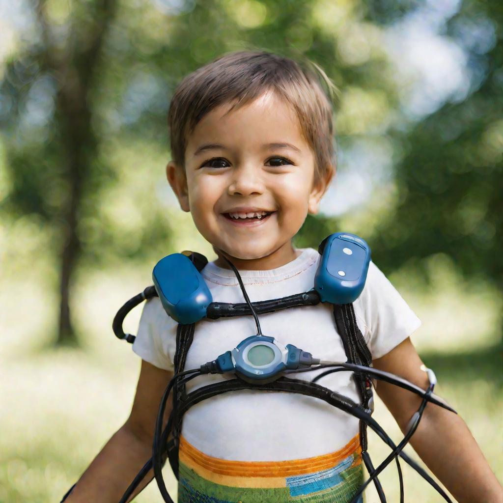 Ребенок счастливо улыбается с холтером ЭКГ на груди.