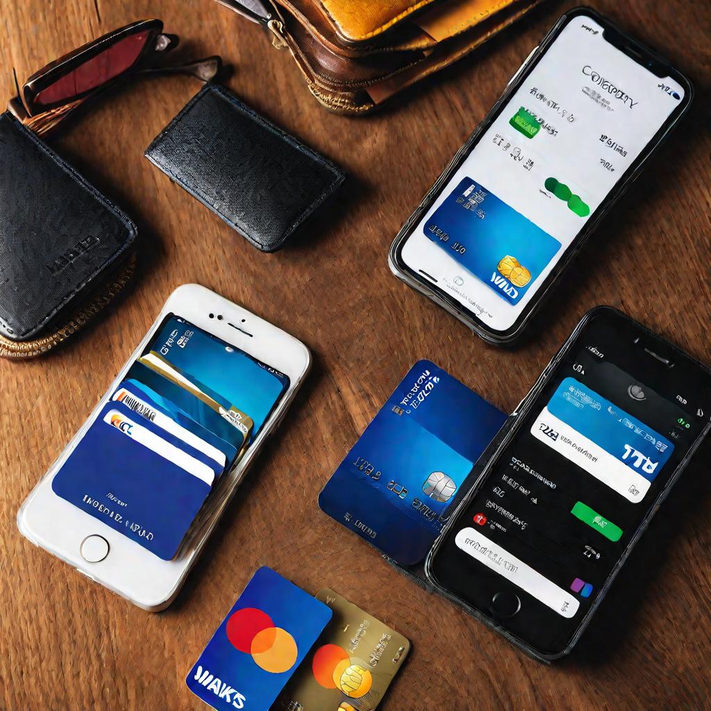 Несколько разных банковских карт, смартфон и кошелек