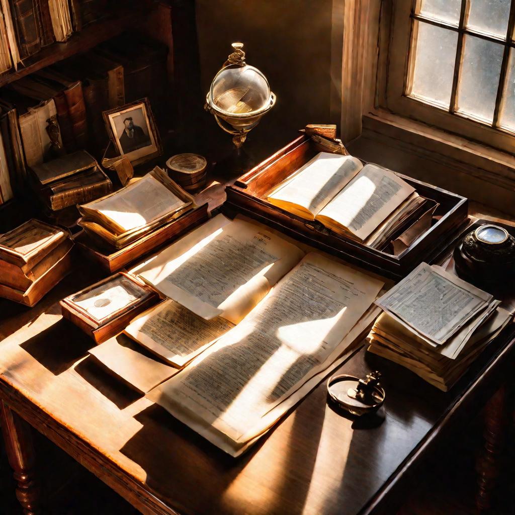 Вид сверху на деревянный письменный стол в старинном кабинете. На столе разложены юридические документы и семейные реликвии.