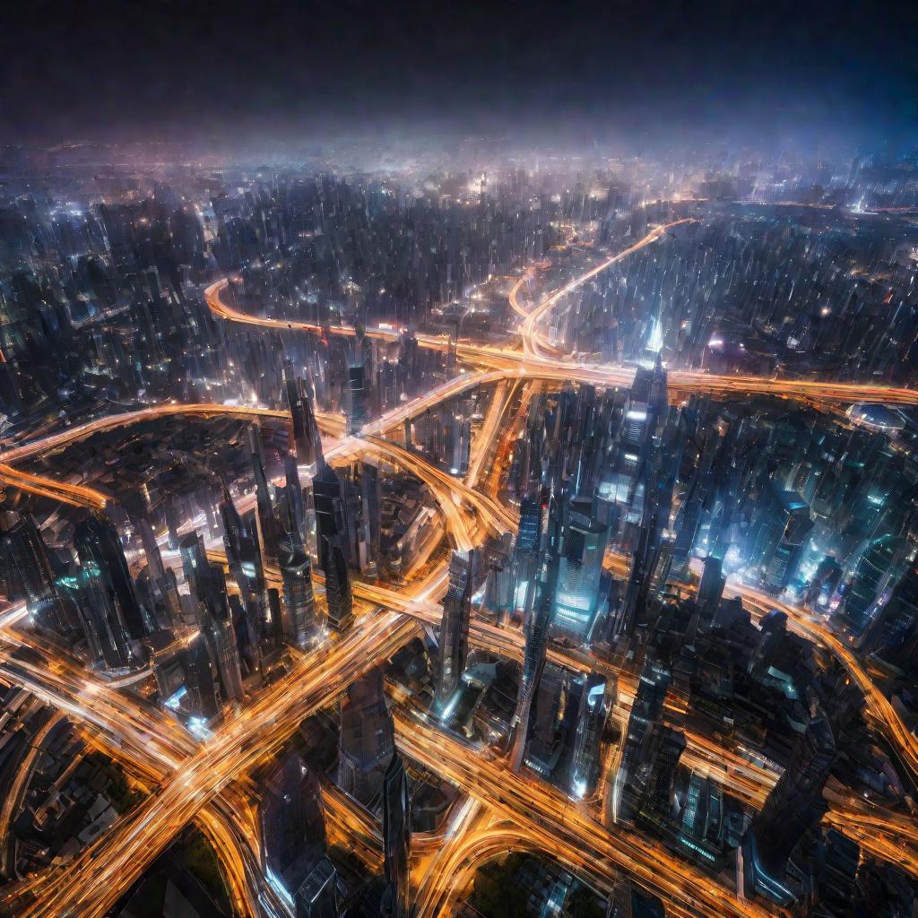Ночной городской пейзаж, иллюстрирующий масштаб и взаимосвязь городских сетей