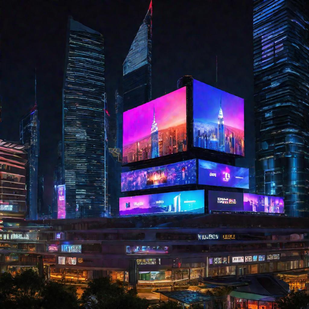 Большой светодиодный дисплей для рекламы на небоскребе ночью.