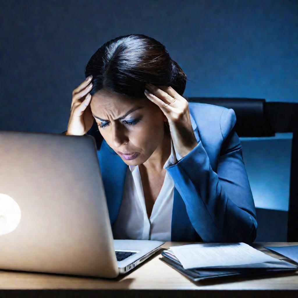 Крупным планом портрет напряженной бизнес-леди, работающей на ноутбуке поздно ночью.