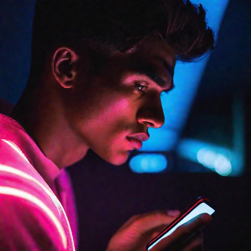 Портрет мужчины, проверяющего баланс телефона ночью