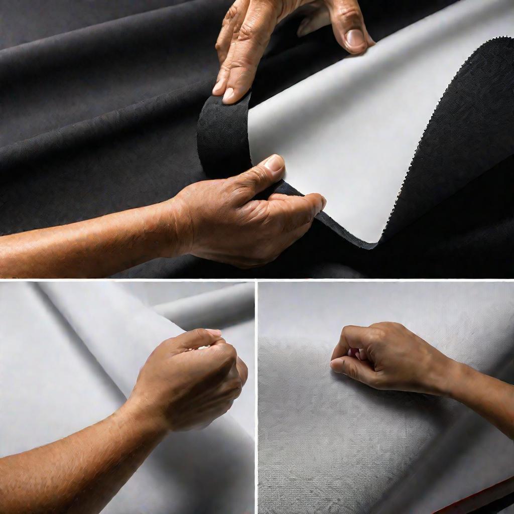 Крупный план рук человека, который при помощи ролика наносит клей на тыльную сторону ткани для перетяжки потолка.