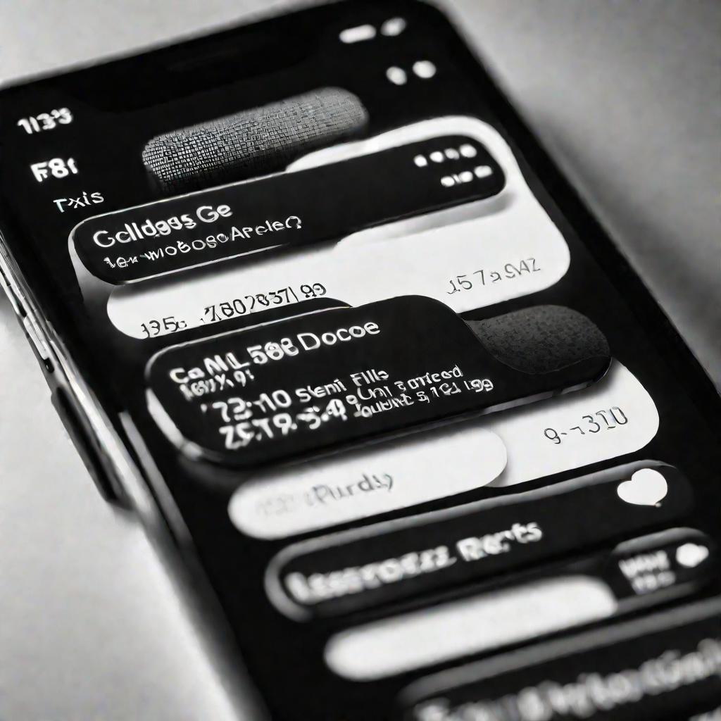 На экране смартфона подробная детализация звонков и трафика в виде светящегося белого текста на черном фоне.