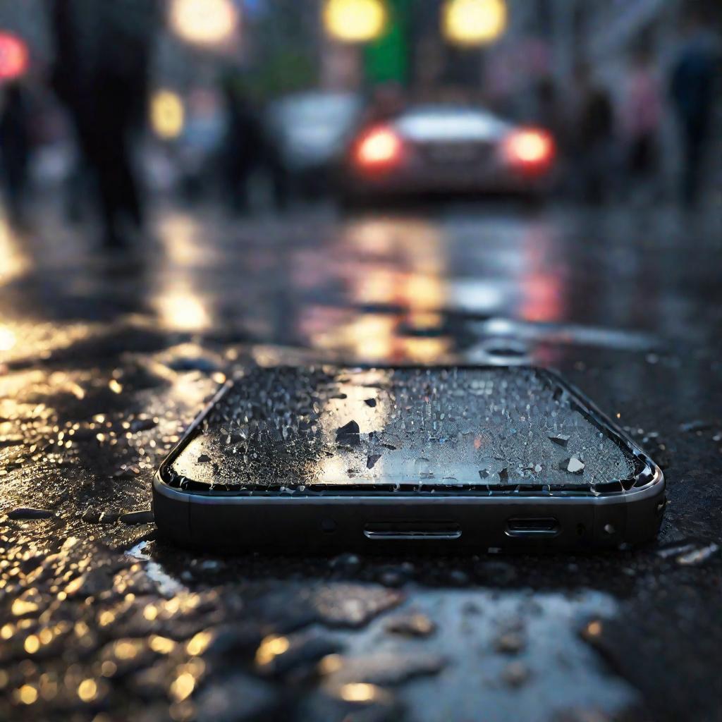 Разбитый телефон одиноко лежит на мокром тротуаре среди спешащих ног прохожих на оживленной городской улице.