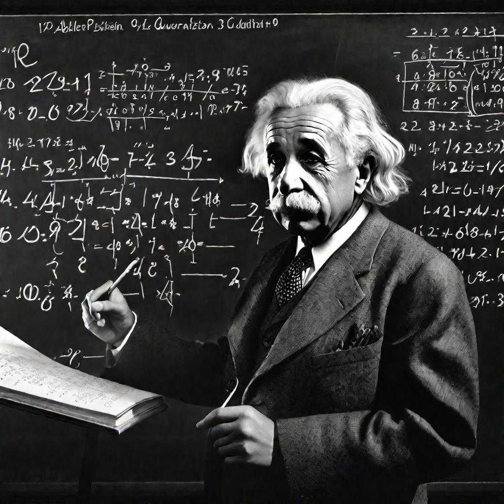 Портрет Эйнштейна, выводящего уравнения для объяснения корпускулярных свойств света