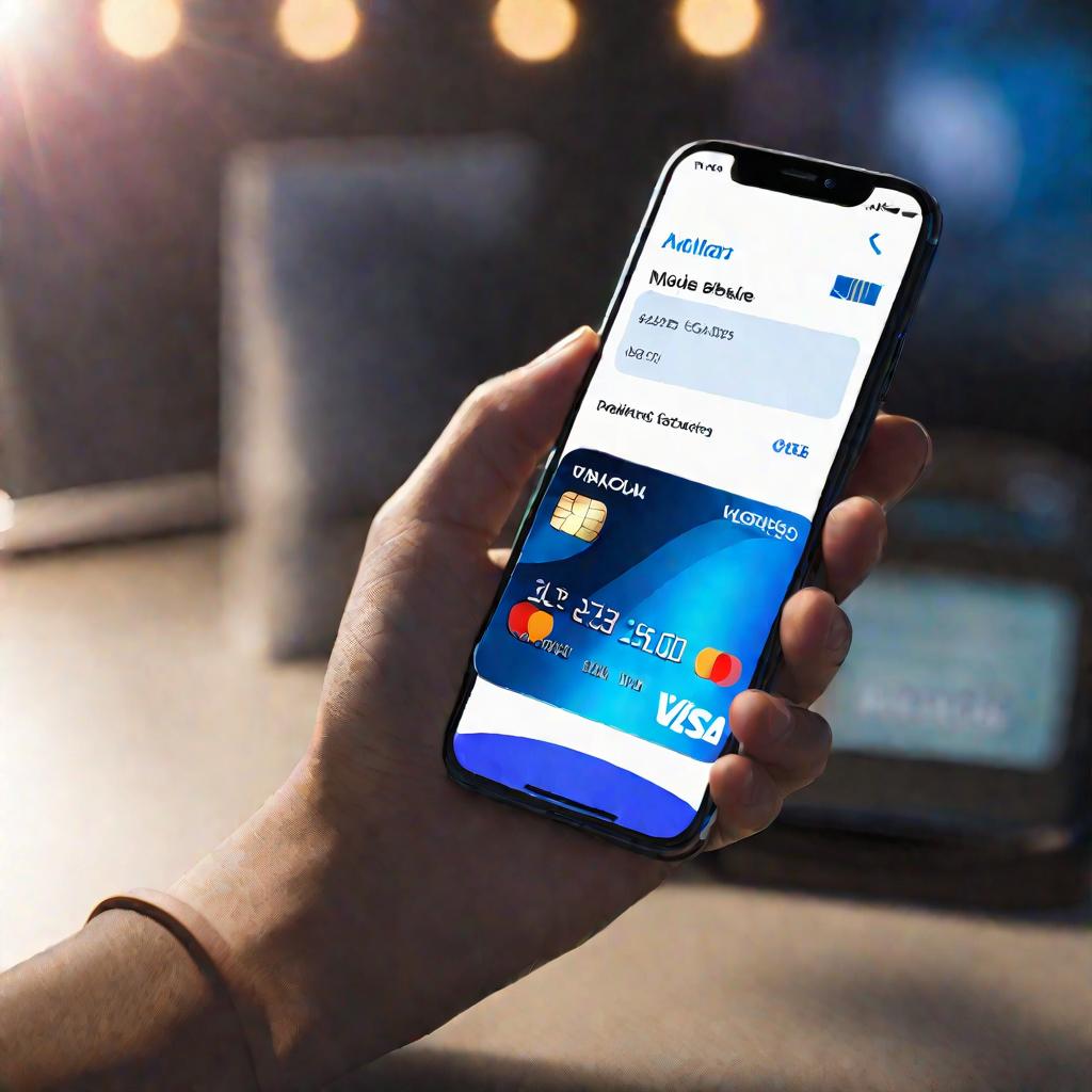 Вид снизу на руку, держащую смартфон с открытым приложением оператора связи на экране, отображающим информацию о балансе счета.