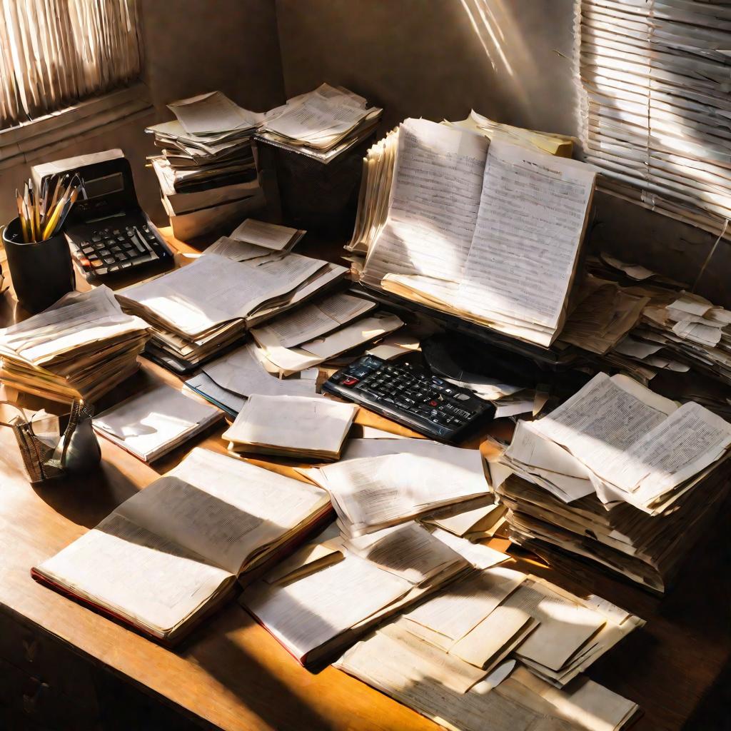 Беспорядочный рабочий стол с бумагами и книгами, подсвеченный солнцем сквозь жалюзи. Хаотичное настроение.
