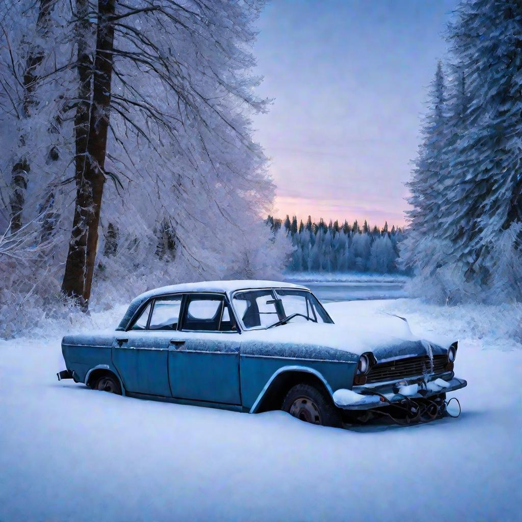 Искрящийся зимний пейзаж с замерзшей рекой в приглушенном синем освещении со снежными вечнозелеными деревьями на заднем плане. На переднем плане - заброшенная старая ржавая машина с проколотыми шинами, наполовину занесенная снегом. Клеммы ее аккумулятора 