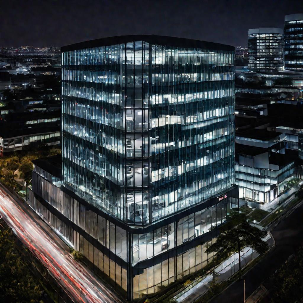 Вид сверху на освещенное офисное здание ночью