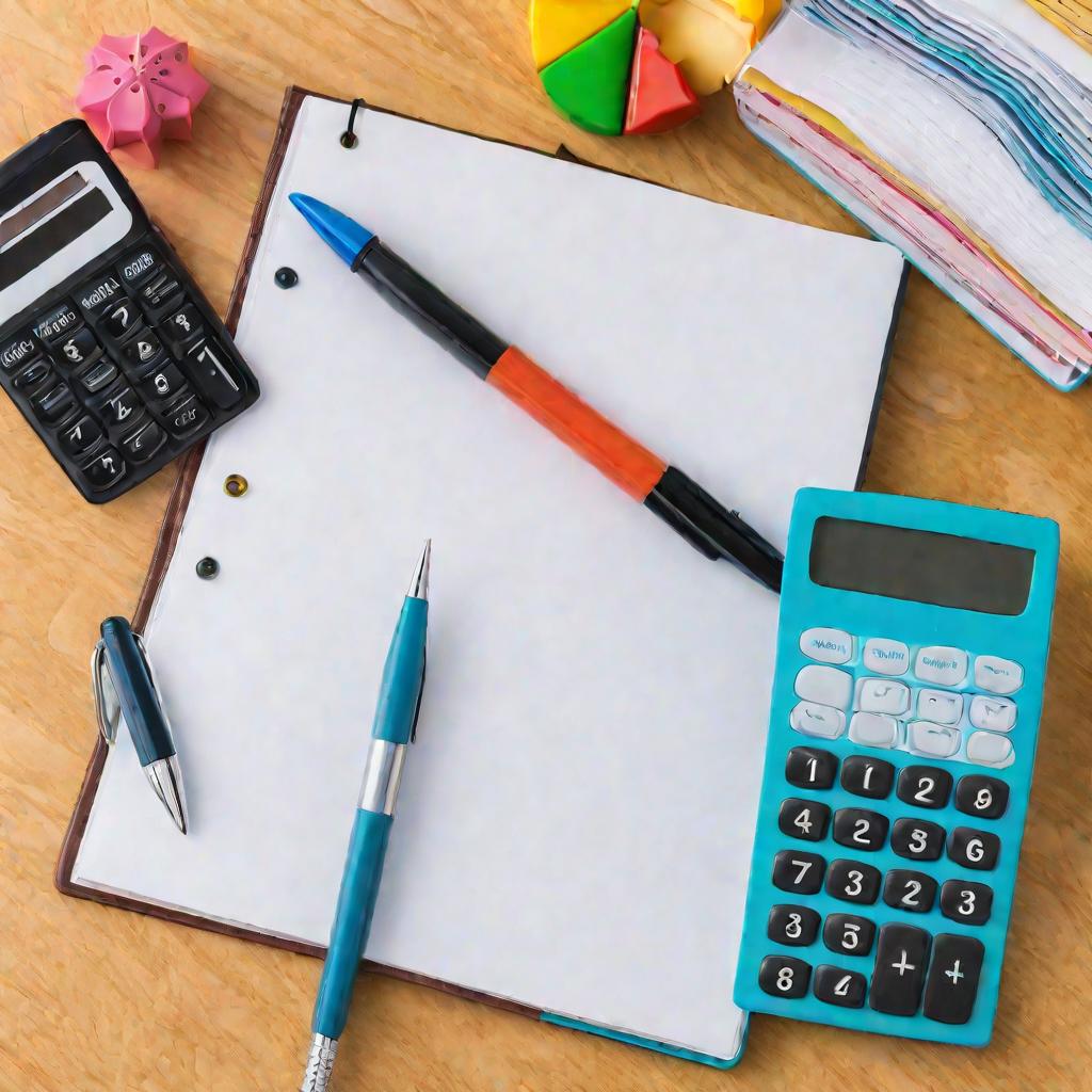На столе калькулятор, ручка, блокнот и игрушка с документами на пособие