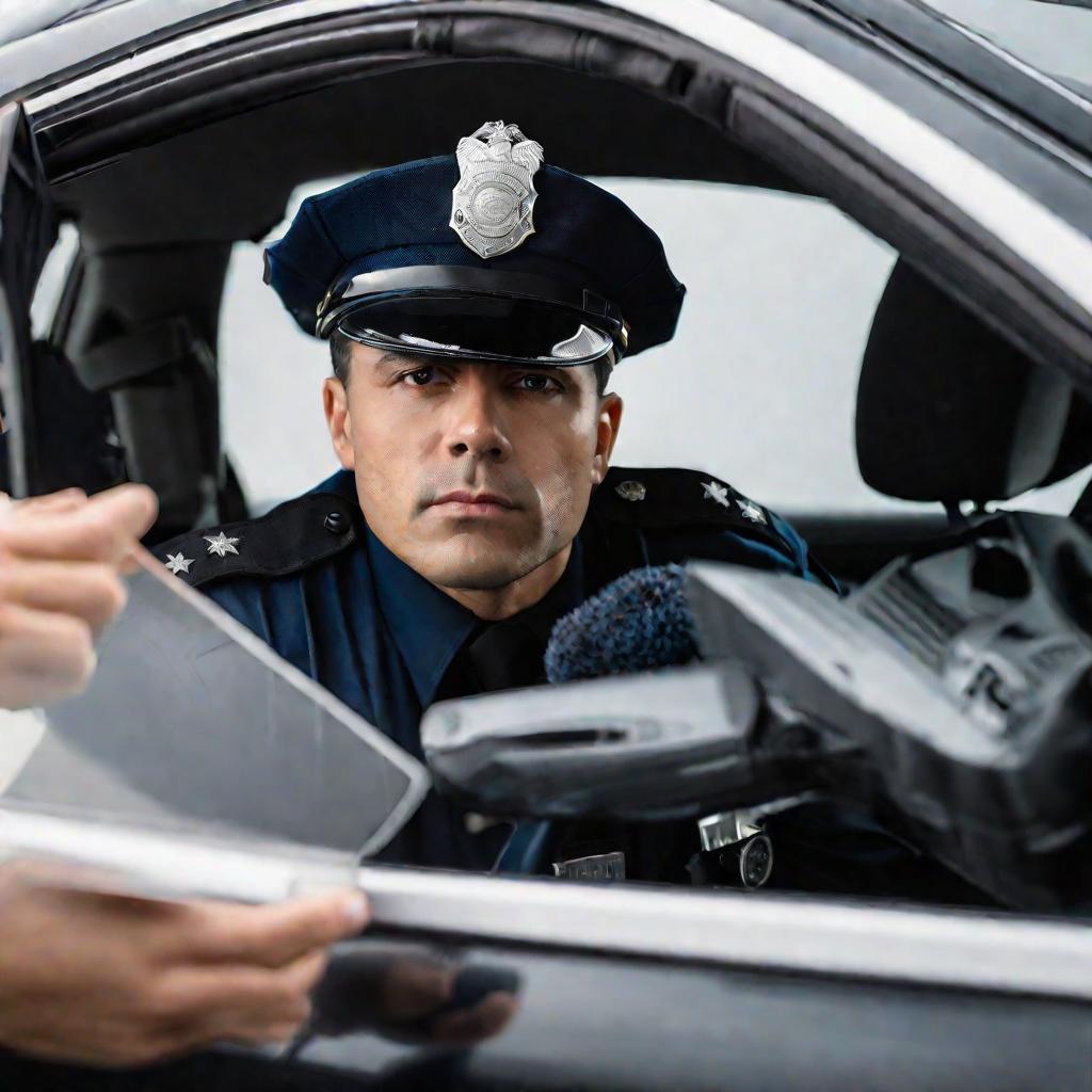 Портрет полицейского, проверяющего тонировку окна автомобиля прибором в пасмурное утро