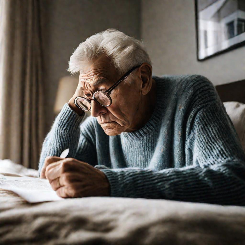 Пожилой мужчина смотрит на письмо об отказе в оплате больничного.