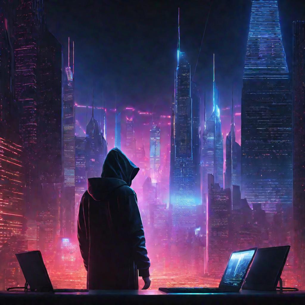Панорама ночного города с силуэтом хакера на переднем плане