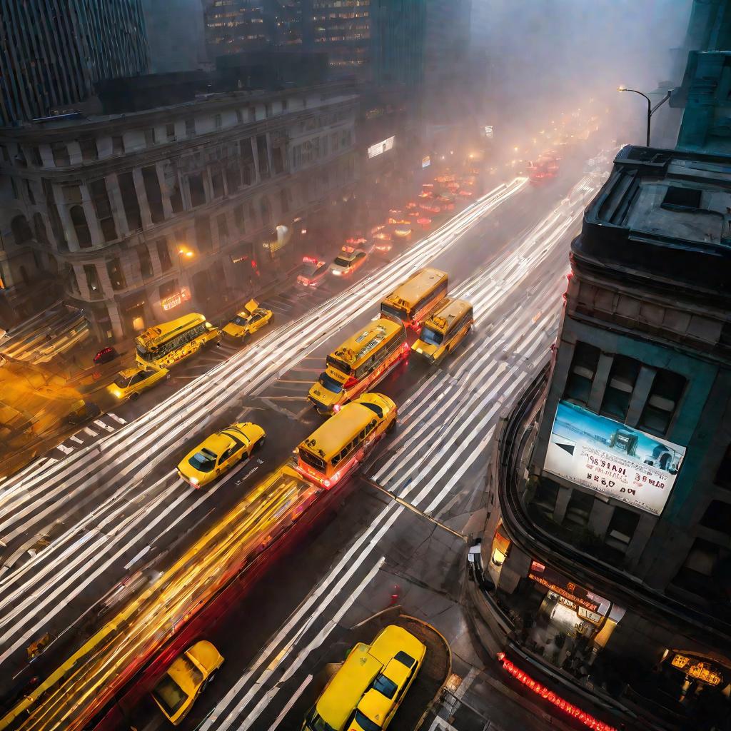 Панорамный вид перекрестка в центре города в туманное утро.