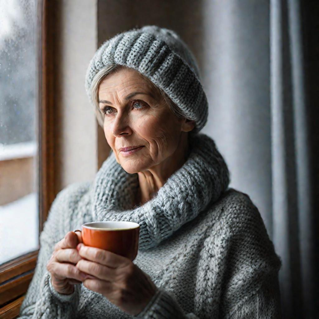 Портрет средних лет женщины, задумчиво смотрящей в покрытое инеем окно в холодное зимнее утро. Мягкий естественный свет создает спокойное настроение. Она одета в вязаный свитер и держит в руках кружку горячего чая, чтобы согреть руки.