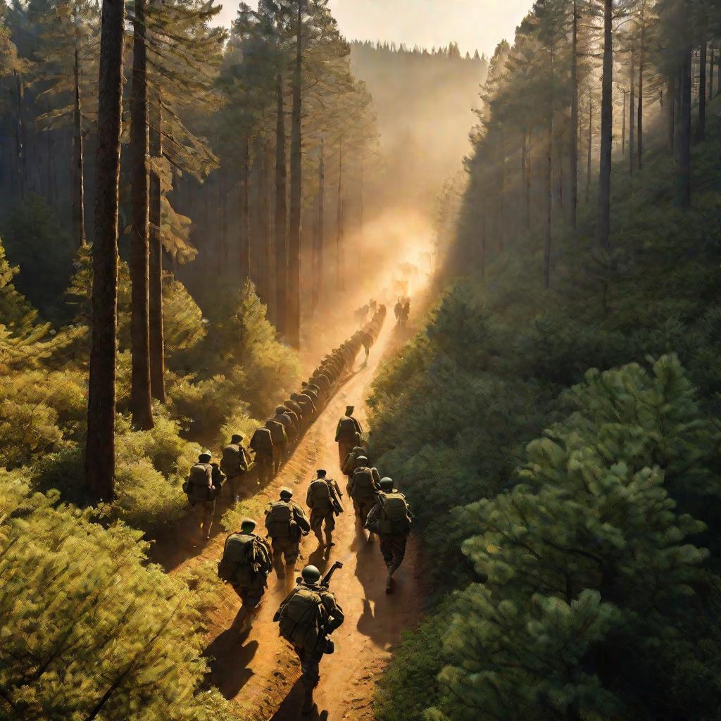 Солдаты идут строем по лесу