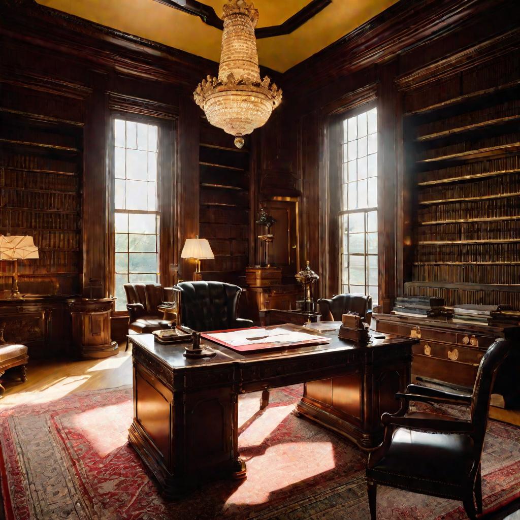 Общий вид роскошного кабинета с витыми окнами и деревянными панелями.