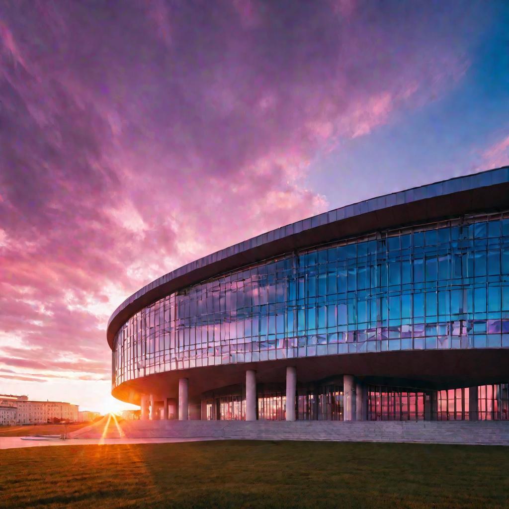 Широкий кинематографический вид на футуристическое главное здание Казанского федерального университета на фоне драматичного заката солнца. Небо окрашено в розовый, фиолетовый и синий цвета во время волшебного синего часа. Гладкое стекло отражает яркие кра