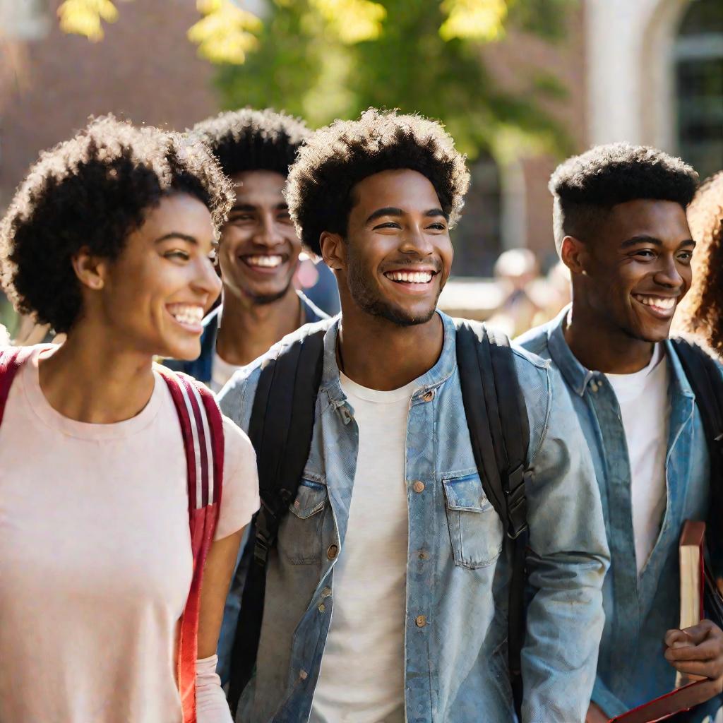 Портретная съемка крупным планом разнообразной группы улыбающихся студентов, идущих вместе по территории университета.