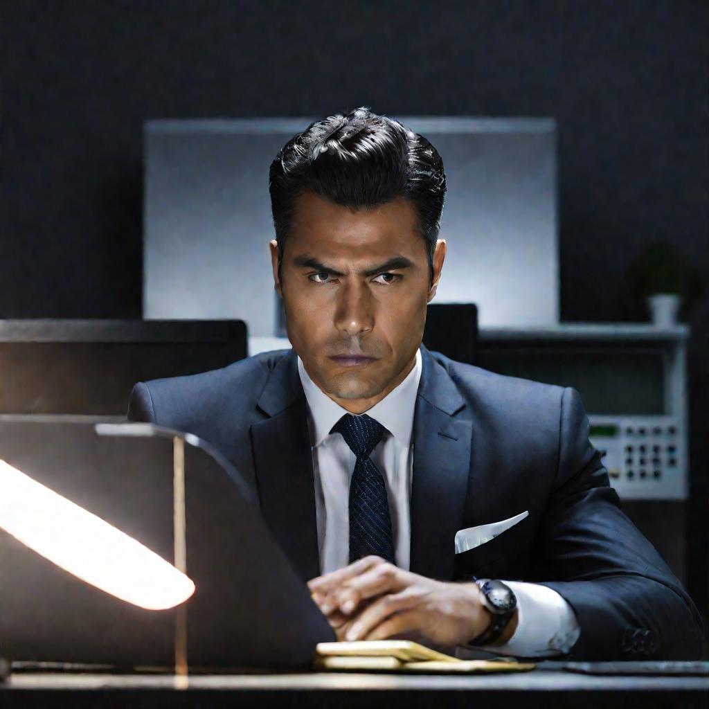 Крупный портрет делового мужчины в костюме, сидящего за столом в офисе, смотрящего на экран компьютера и держащего калькулятор, с сосредоточенным и серьезным выражением лица. Освещение немного темное и мрачное.