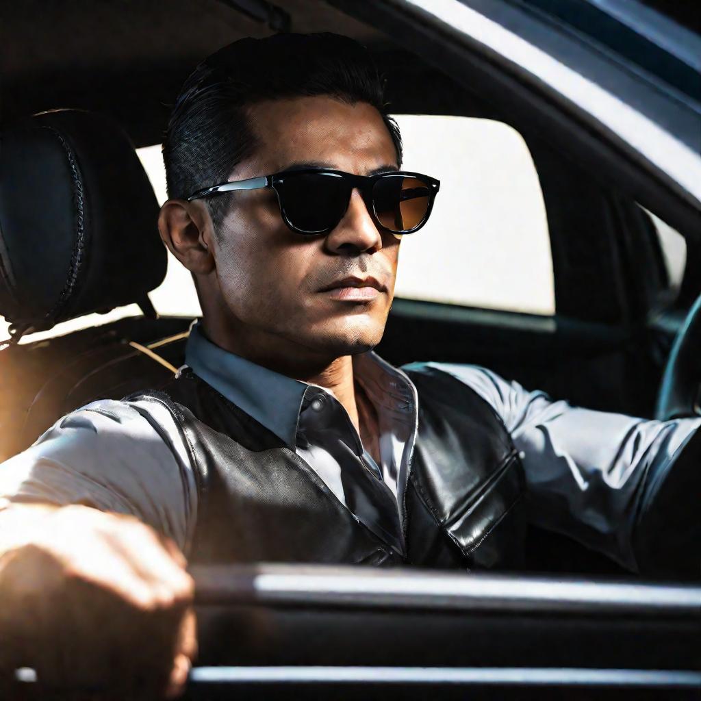 Портрет водителя мужчины в очках, сосредоточенно смотрящего на дорогу.