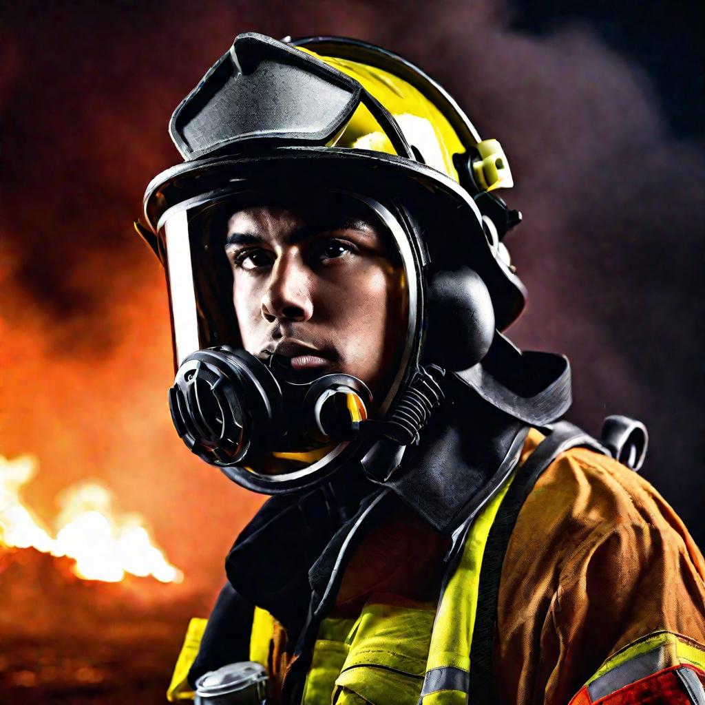 Портрет курсанта пожарного в снаряжении на пожаре.