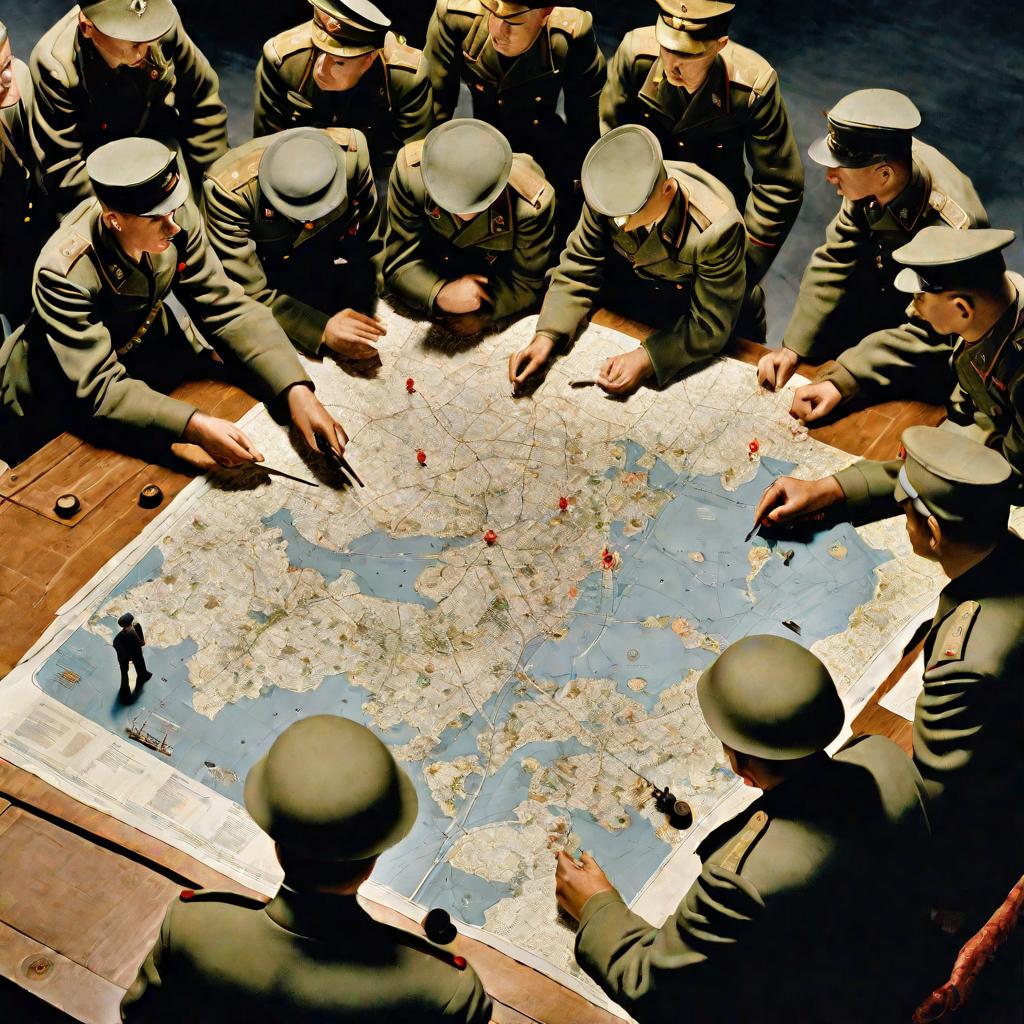 Генерал Сердцев и офицеры обсуждают план боя над картой