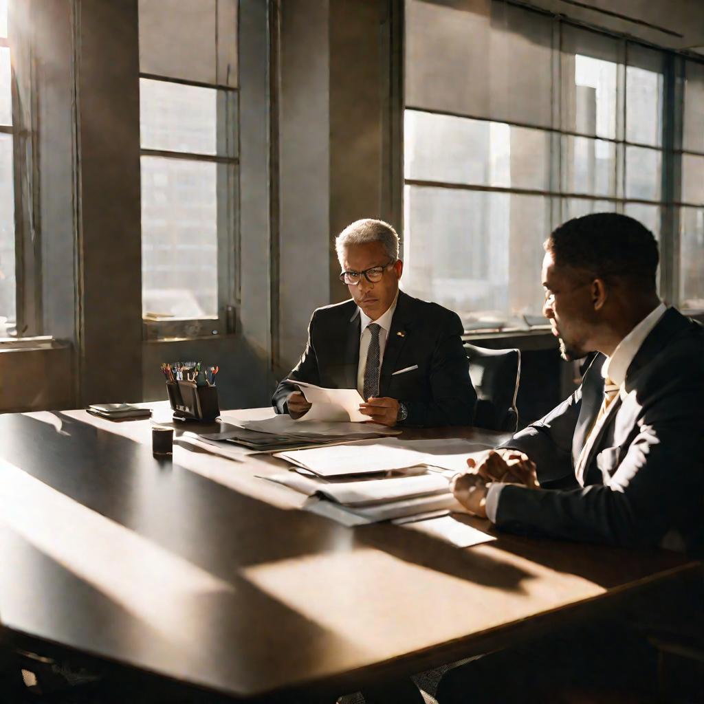 Два мужчины в костюмах ведут переговоры за столом, на котором лежат документы