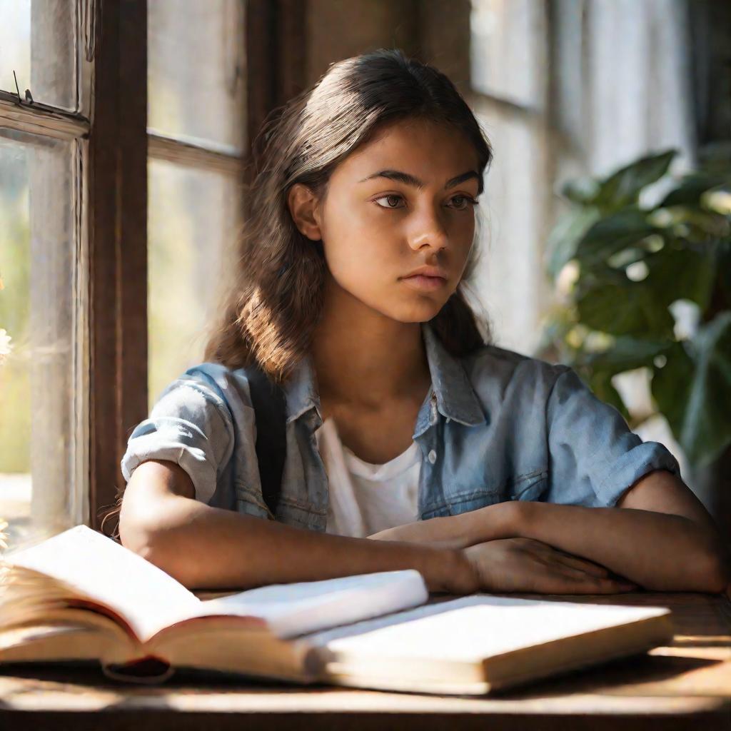 18-летняя девушка с серьезным выражением лица сидит у окна, рядом книги и блокнот - поиск себя