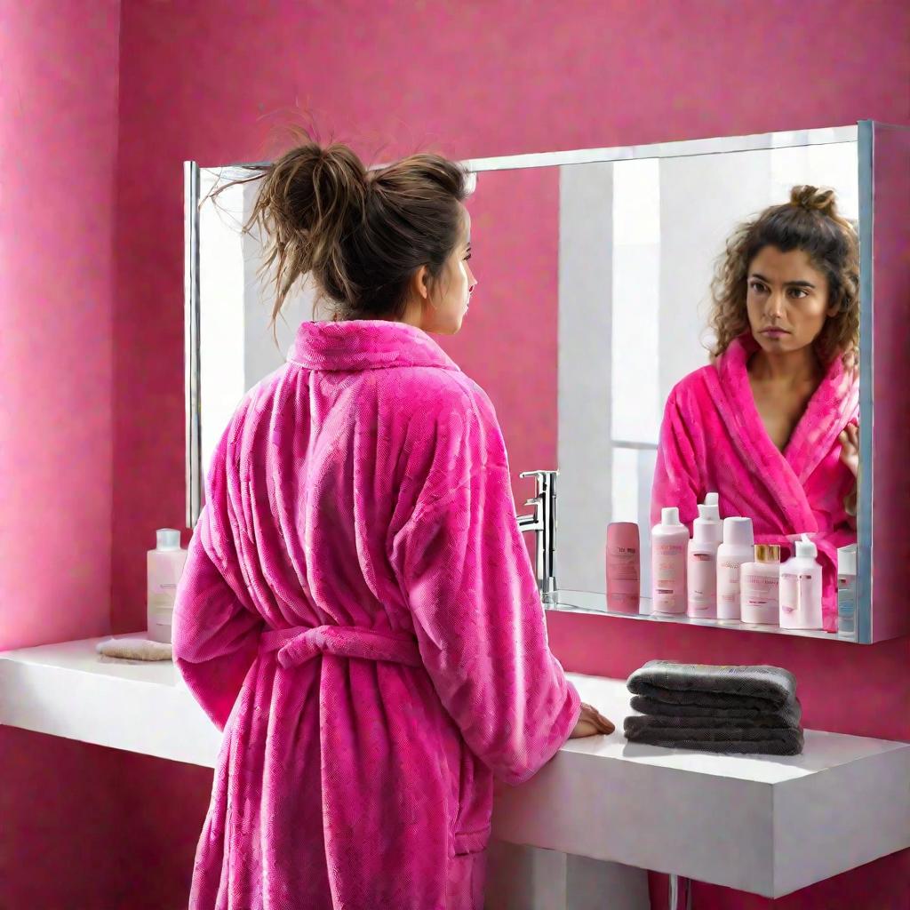 Женщина утром смотрит в зеркало на свои жирные неухоженные волосы.