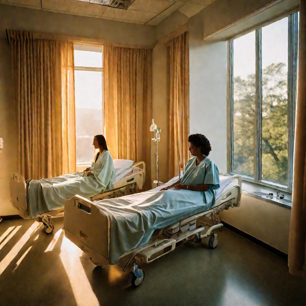 Палата в больнице с пациенткой, сидящей на кровати