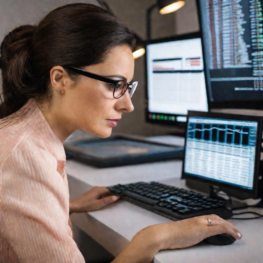Женщина в очках смотрит на монитор компьютера и вводит данные в табличный процессор для автоматического расчета процентных соотношений между числами