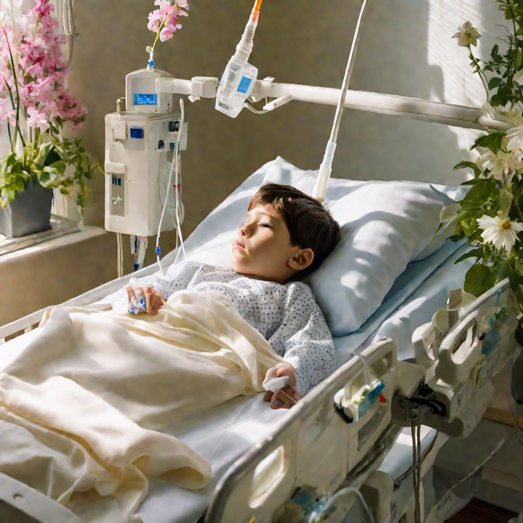 Вид сверху на ослабленного мальчика с хроническим парапроктитом, лежащего на боку в больничной кровати. Он подключен к капельнице и мониторам, безучастно смотрит в солнечное окно сквозь приоткрытую ширму на цветущие деревья и весенние цветы.