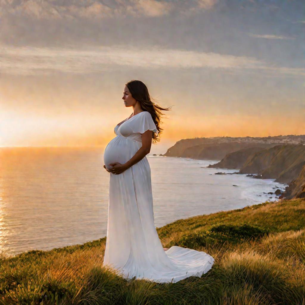 Беременная женщина на фоне заката