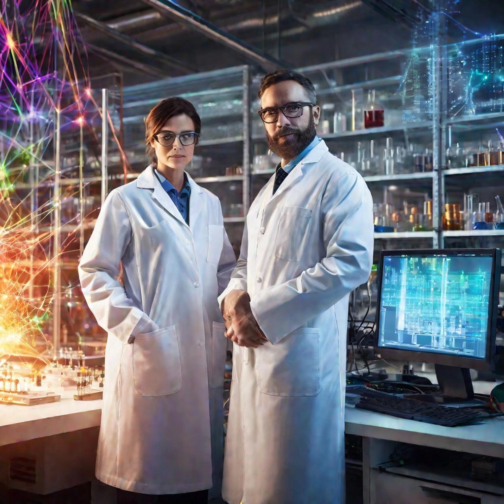 Два химика в лаборатории светятся аурой и молекулой между ними