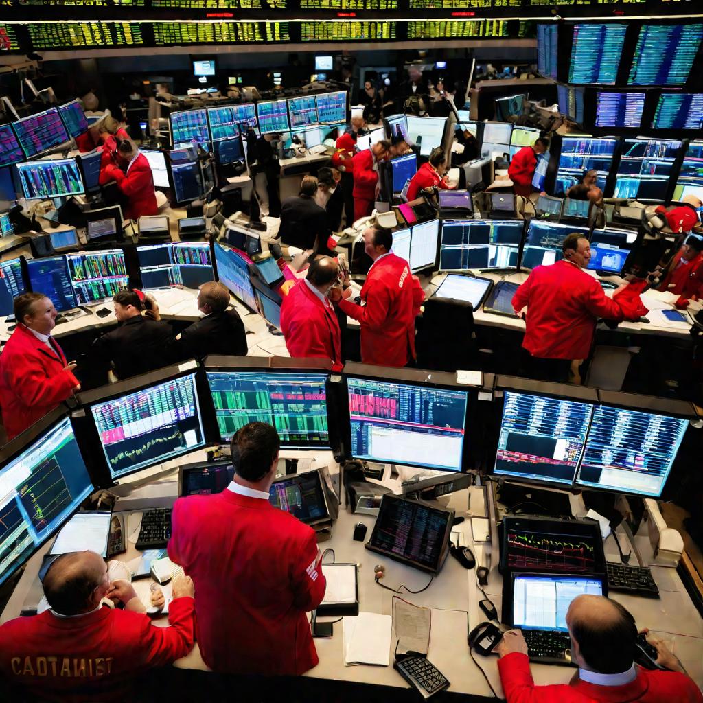 Трейдеры на бирже во время активной торговой сессии