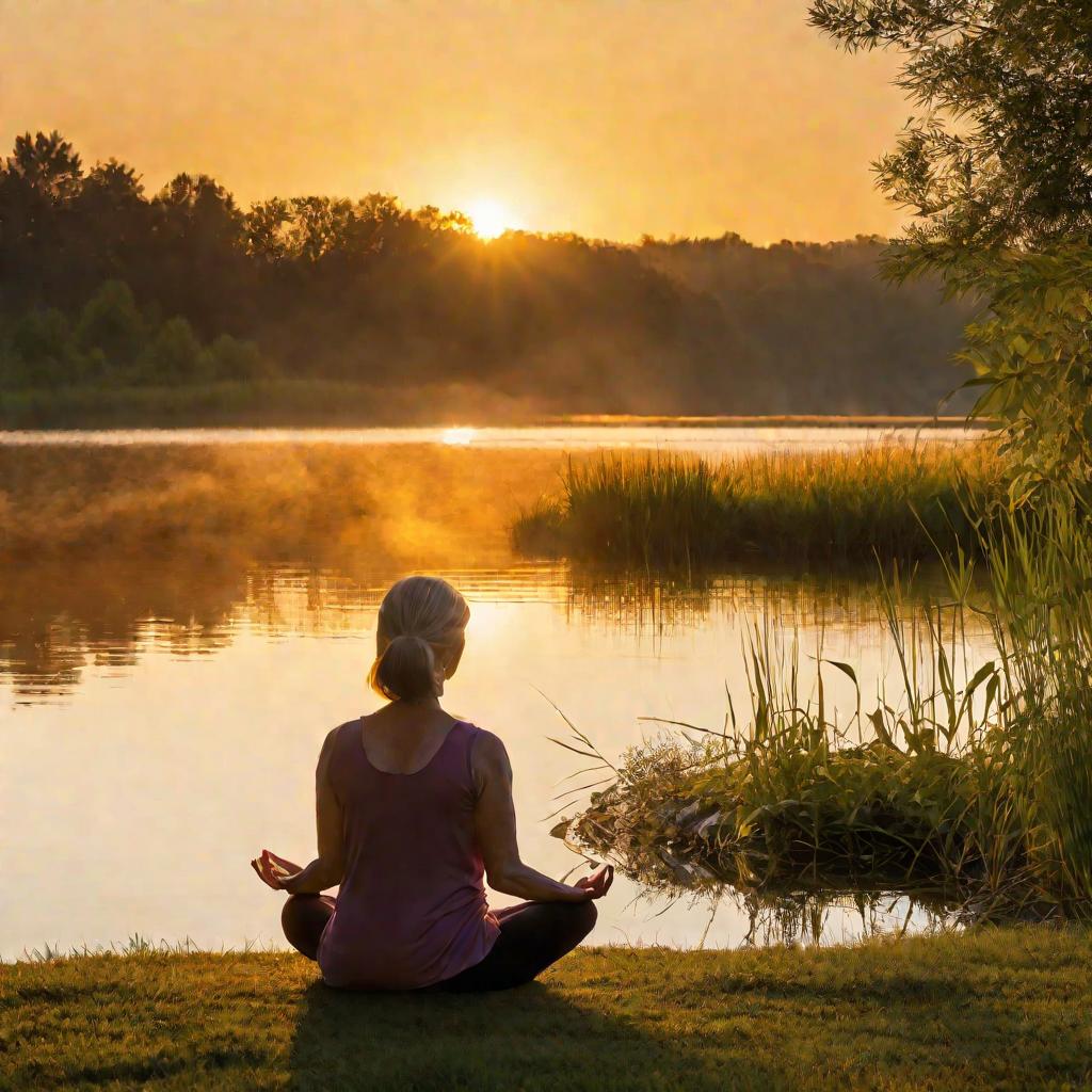 Женщина медитирует на закате у озера