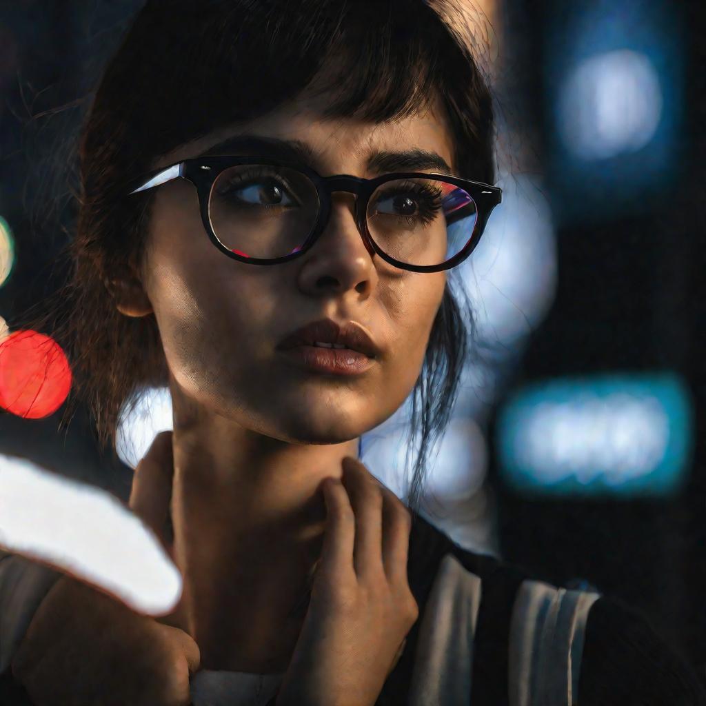 Портрет раздраженной девушки с отражением попапов в очках