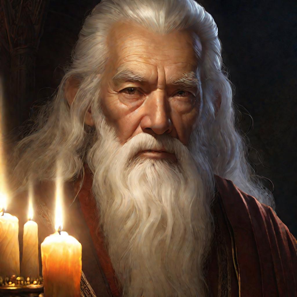Мудрый старец смотрит при свечах
